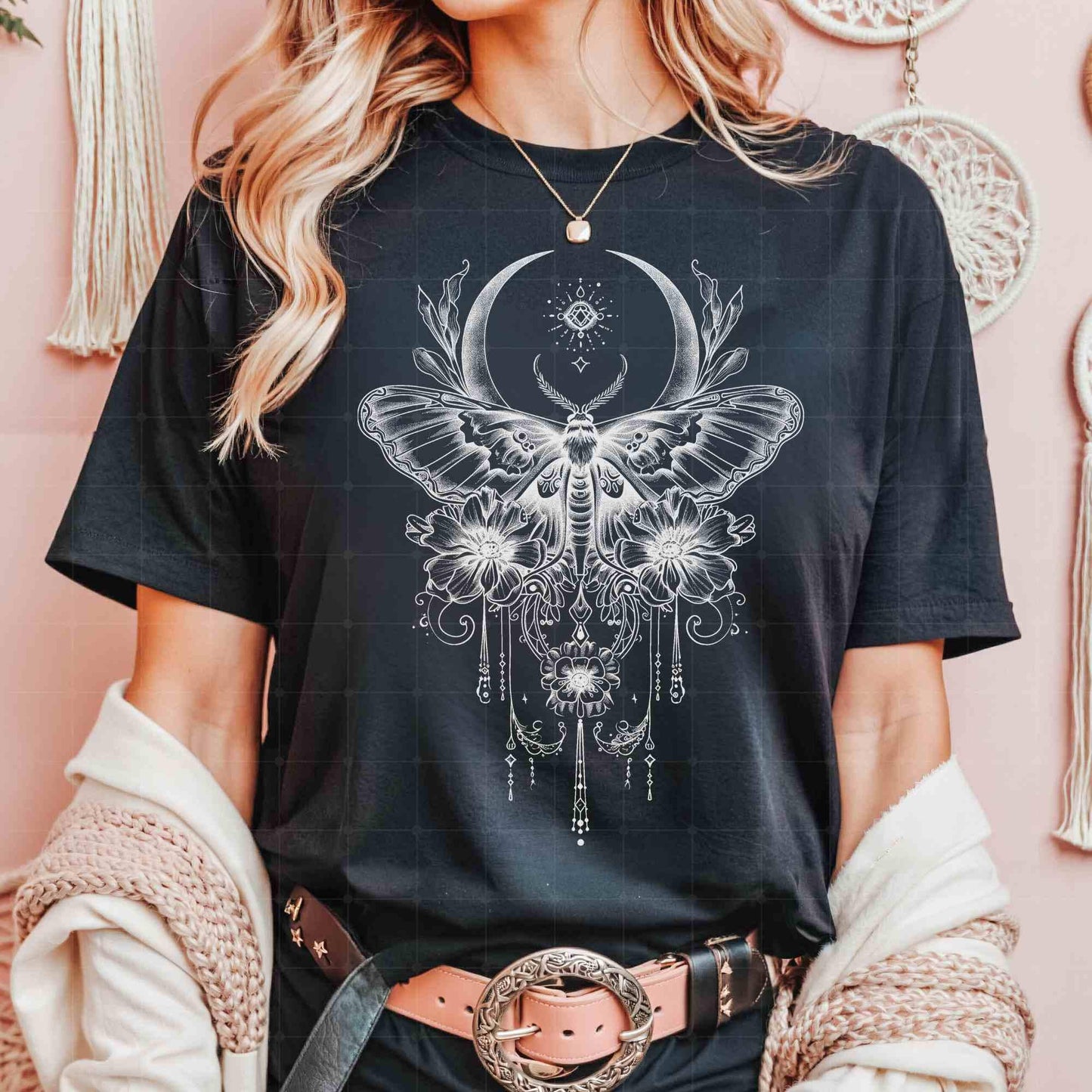 Vintage Luna Butterfly Moth shirt, Celestial Charms, Fairycore Lunar Shirt, Moon Stars Botanical Floral Star Top, Goth Moon Shirt, crescent
