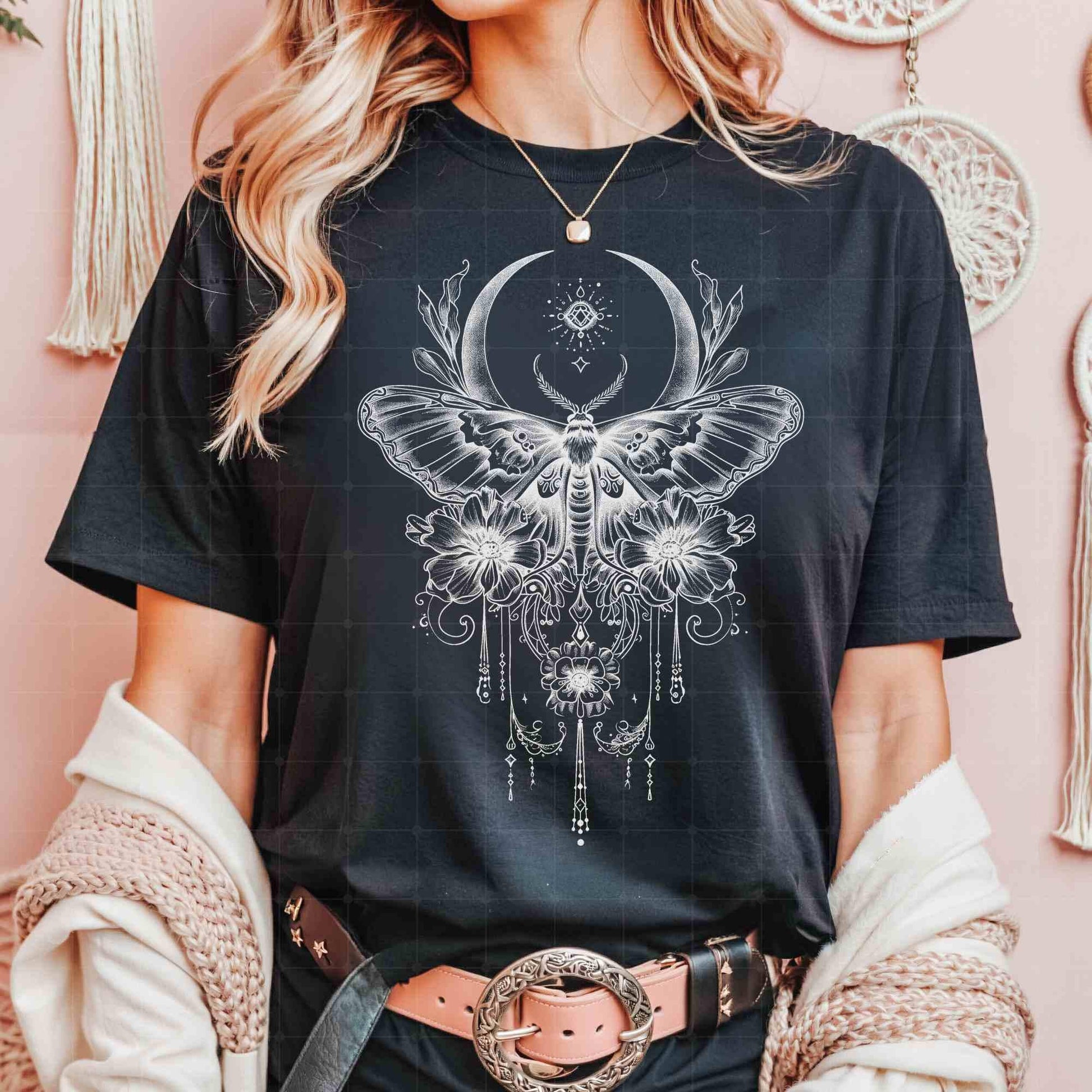Vintage Luna Butterfly Moth shirt, Celestial Charms, Fairycore Lunar Shirt, Moon Stars Botanical Floral Star Top, Goth Moon Shirt, crescent