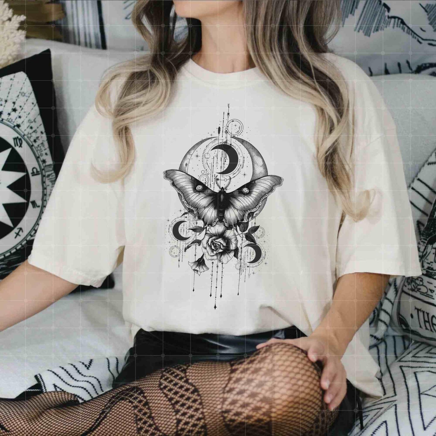 Vintage Luna Moon Moth shirt, Celestial Charms, Fairycore Lunar Shirt, Moon Stars Botanical Floral Star Top, Goth Moon Shirt, crescent moon