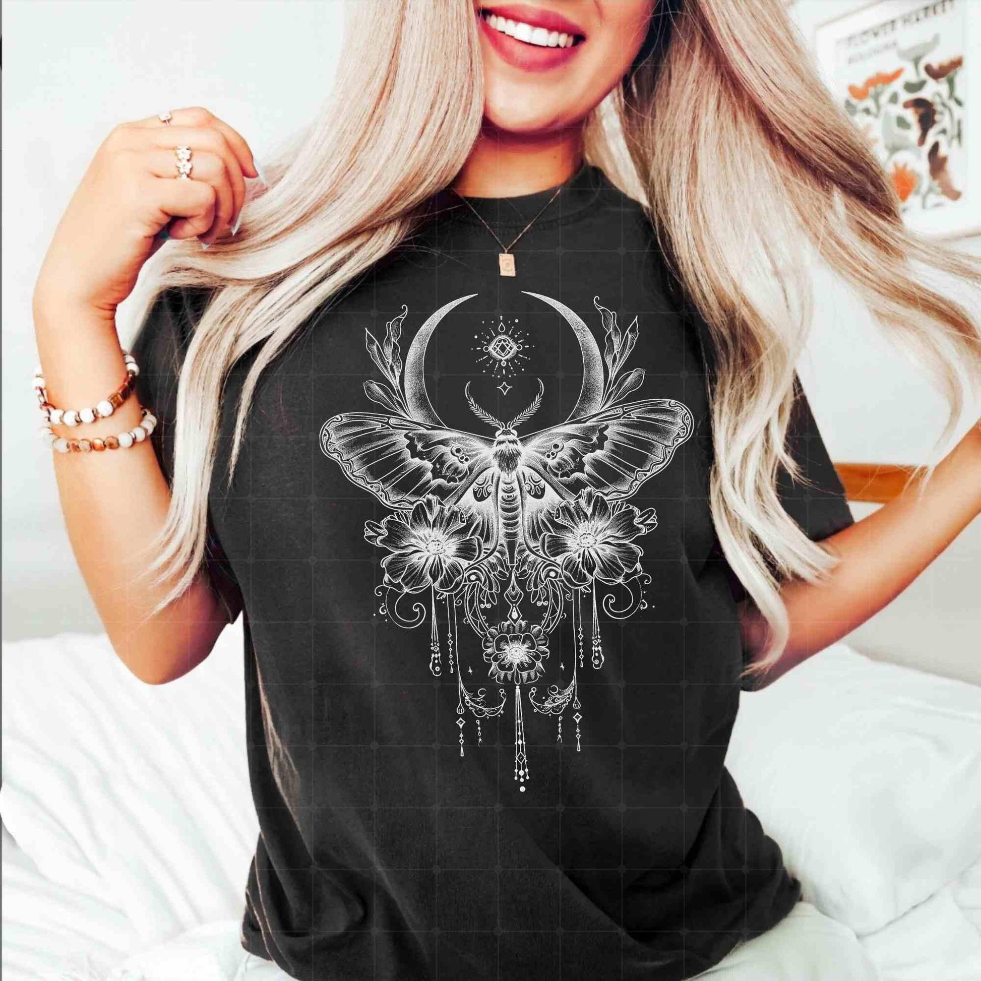 Vintage Luna Butterfly Moth shirt, Celestial Charms, Fairycore Lunar Shirt, Moon Stars Botanical Floral Star Top, Goth Moon Shirt, crescent