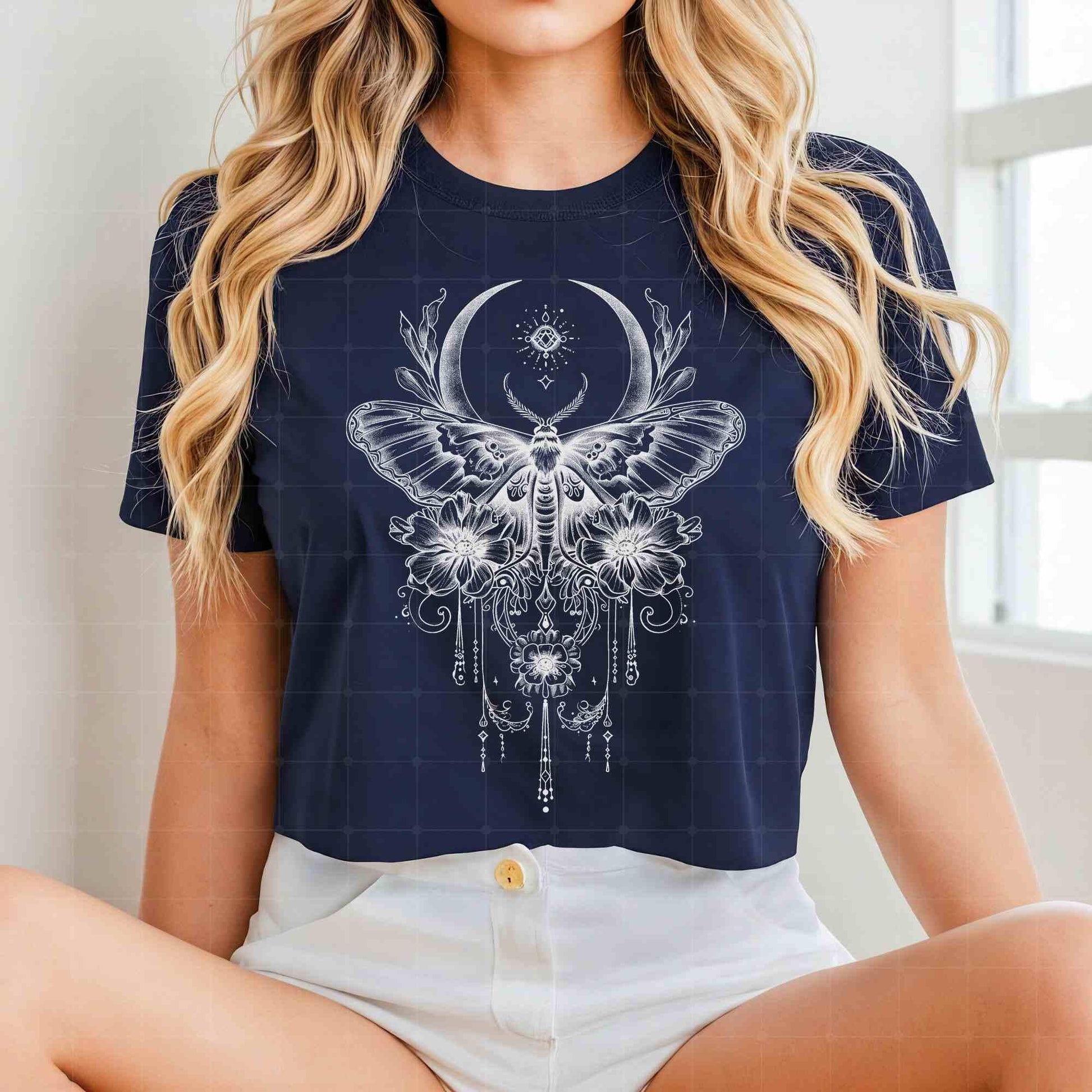 Vintage Luna Butterfly Moth shirt, Celestial Charms, Fairycore Lunar Shirt, Moon Stars Botanical Floral Star Top, Goth Moon Shirt, crescent