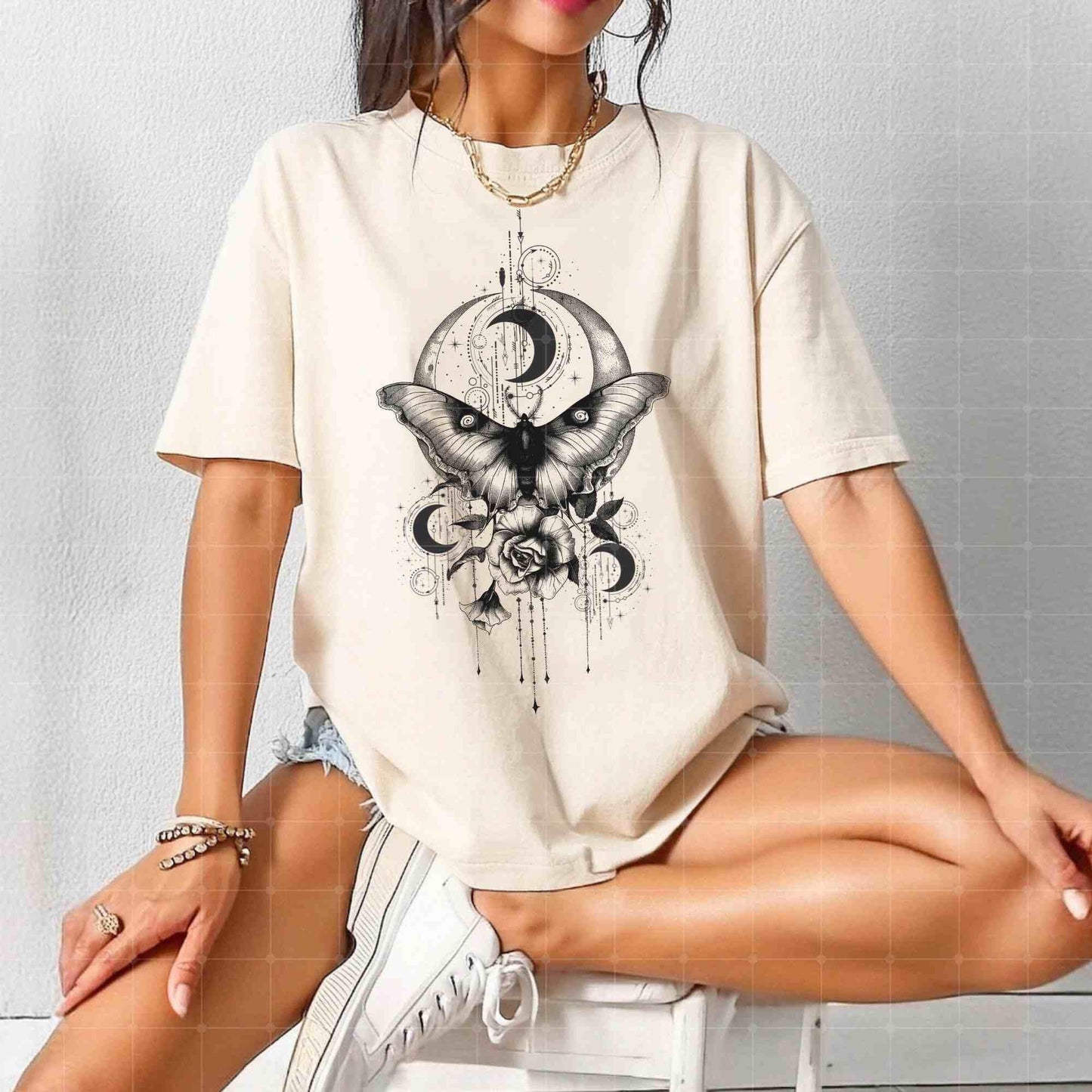 Vintage Luna Moon Moth shirt, Celestial Charms, Fairycore Lunar Shirt, Moon Stars Botanical Floral Star Top, Goth Moon Shirt, crescent moon