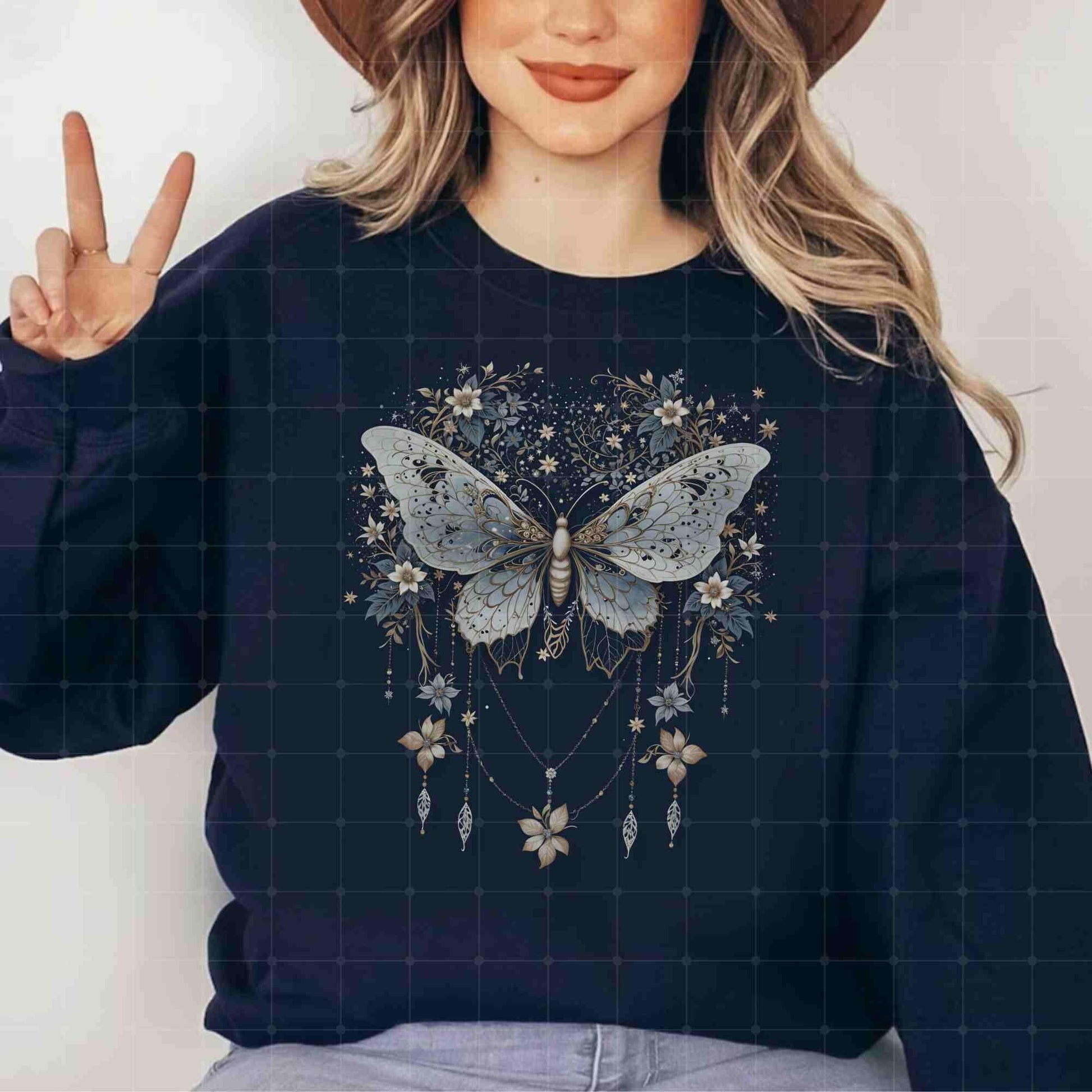 Vintage Luna Butterfly Moth Sweater, Celestial Charms, Fairycore Lunar Sweater, Moon Stars Botanical Floral Star Top Hooded Sweatshirt Goth