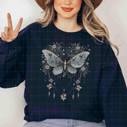 Vintage Luna Butterfly Moth Sweater, Celestial Charms, Fairycore Lunar Sweater, Moon Stars Botanical Floral Star Top Hooded Sweatshirt Goth