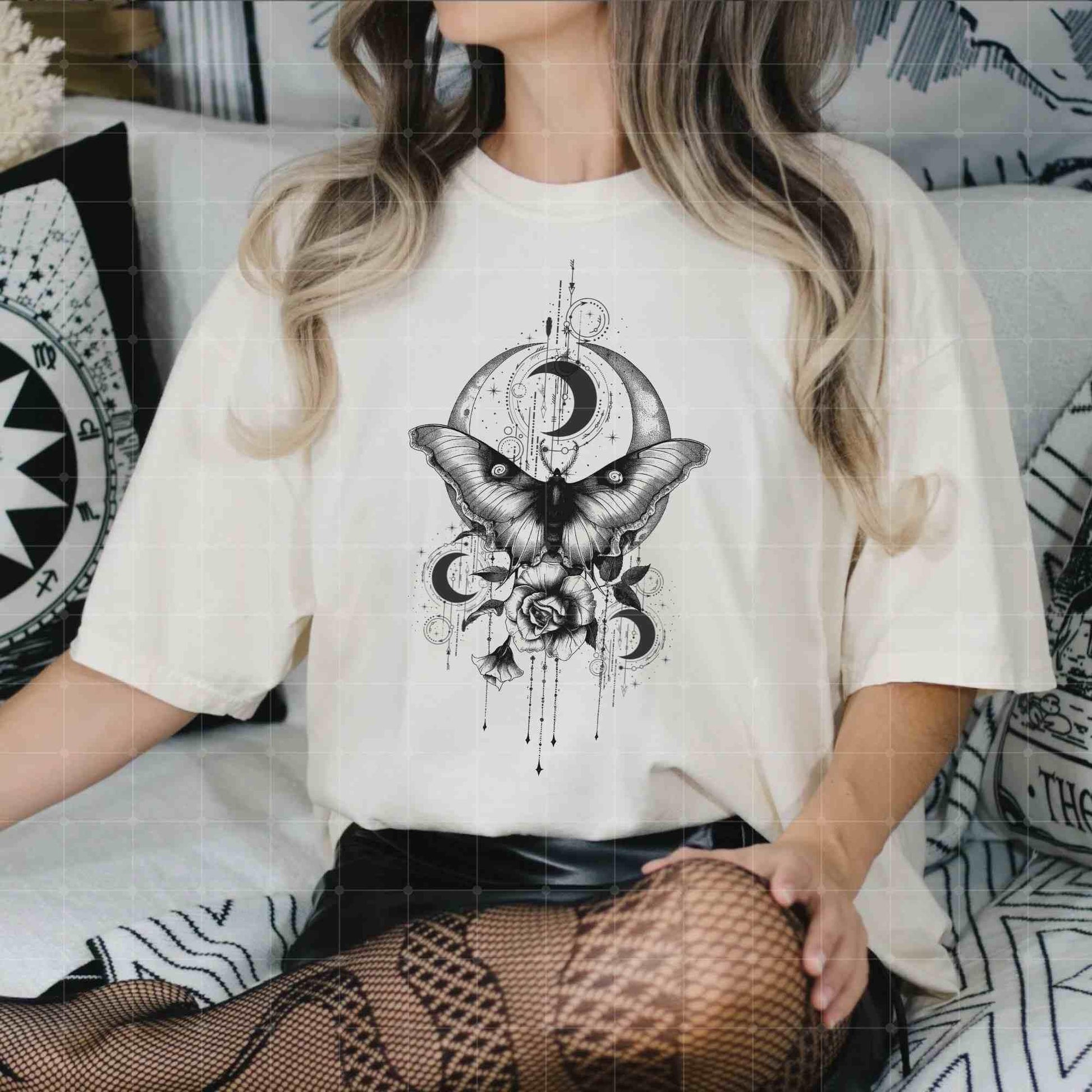 Vintage Luna Moon Moth shirt, Celestial Charms, Fairycore Lunar Shirt, Moon Stars Botanical Floral Star Top, Goth Moon Shirt, crescent moon