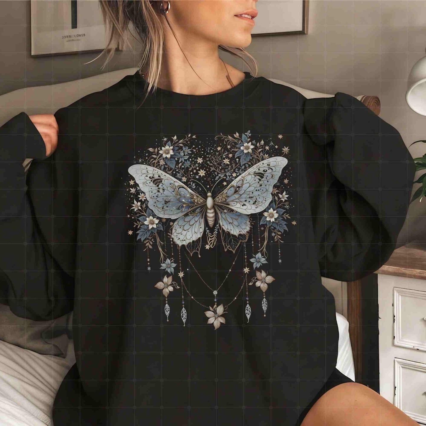 Vintage Luna Butterfly Moth Sweater, Celestial Charms, Fairycore Lunar Sweater, Moon Stars Botanical Floral Star Top Hooded Sweatshirt Goth