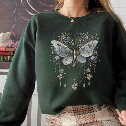 Vintage Luna Butterfly Moth Sweater, Celestial Charms, Fairycore Lunar Sweater, Moon Stars Botanical Floral Star Top Hooded Sweatshirt Goth