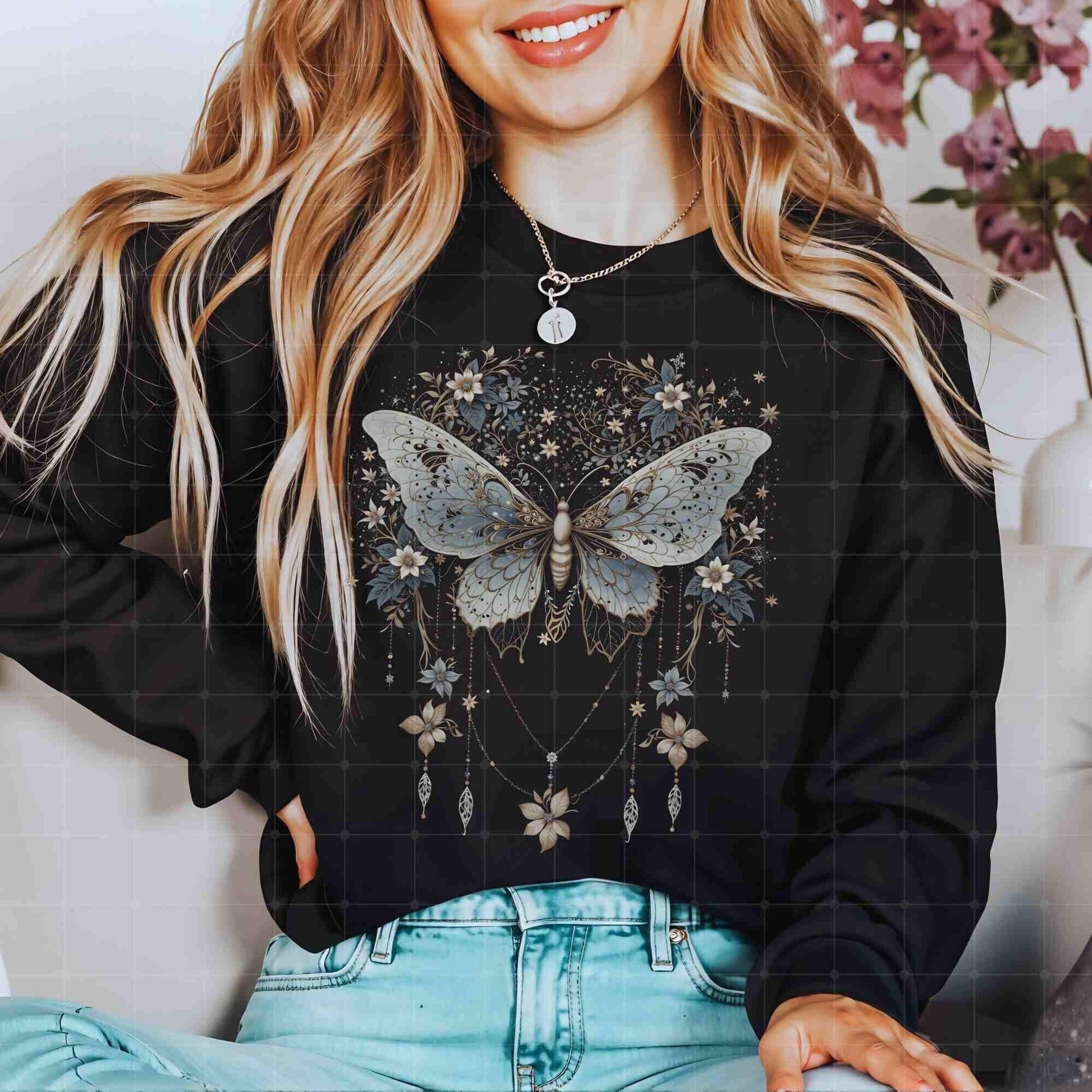Vintage Luna Butterfly Moth Sweater, Celestial Charms, Fairycore Lunar Sweater, Moon Stars Botanical Floral Star Top Hooded Sweatshirt Goth